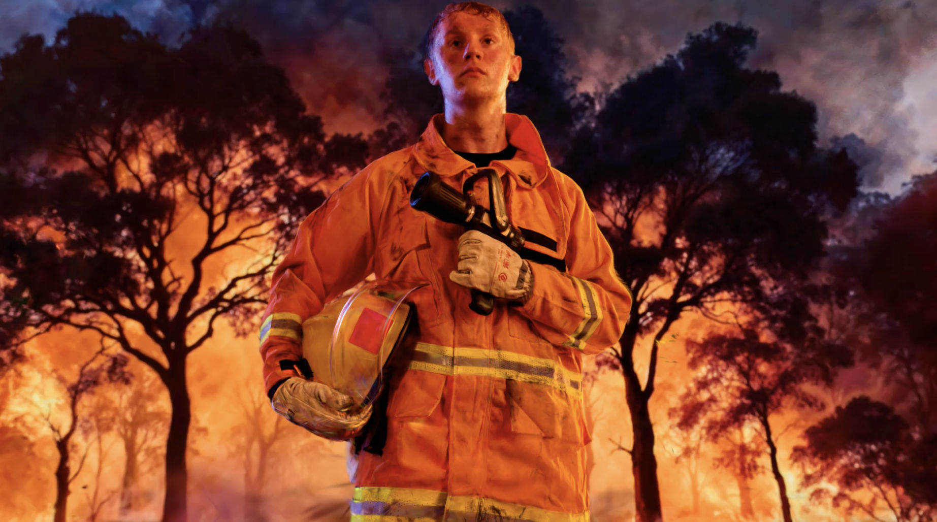 Gaussian-splat artwork still: volunteer firefighter before an inferno