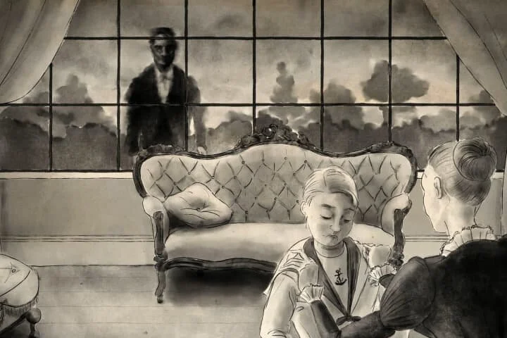 Monochrome illustration for The Turn of the Screw showing two children indoors and a figure beyond a large window.