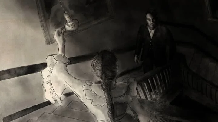 Monochrome illustration for The Turn of the Screw showing a girl on a staircase and a shadowy figure behind her.