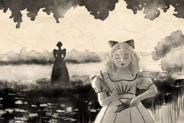 Monochrome illustration for The Turn of the Screw showing a girl beside a lake and a distant figure.