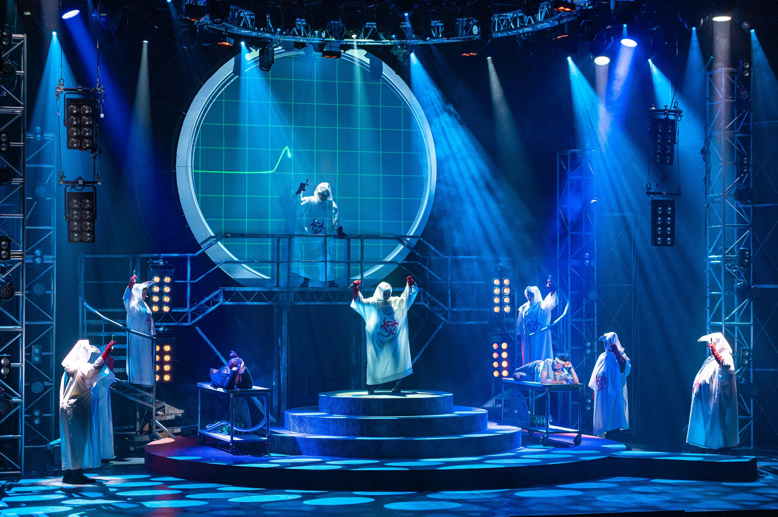 We Will Rock You performers on several levels of a circular set under blue lighting.