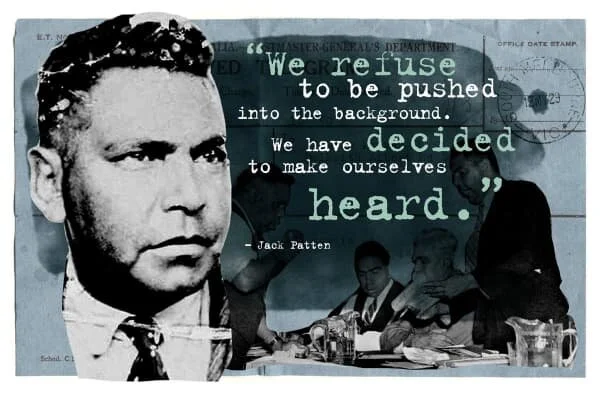 Blue Great Australian Speeches collage pairing a portrait and archival photographs with a quotation about making voices heard.