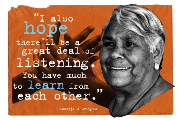 Orange Great Australian Speeches artwork pairing a portrait with a quotation about listening and learning from each other.